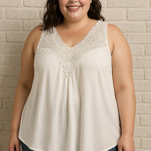 White Sleeveless Boho Lace Yoke Blouse – Size 2XL – Flowy High-Low Hem - Picture 1 of 10